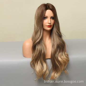 Low price blonde wig with long curly hair wavy wig natural real hair suitable forwomen's daily party brown blonde gradient color